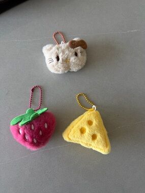 Plush Fruit & Cheese Keychain Set - Pink Strawberry, Yellow Cheese, Cream Cat